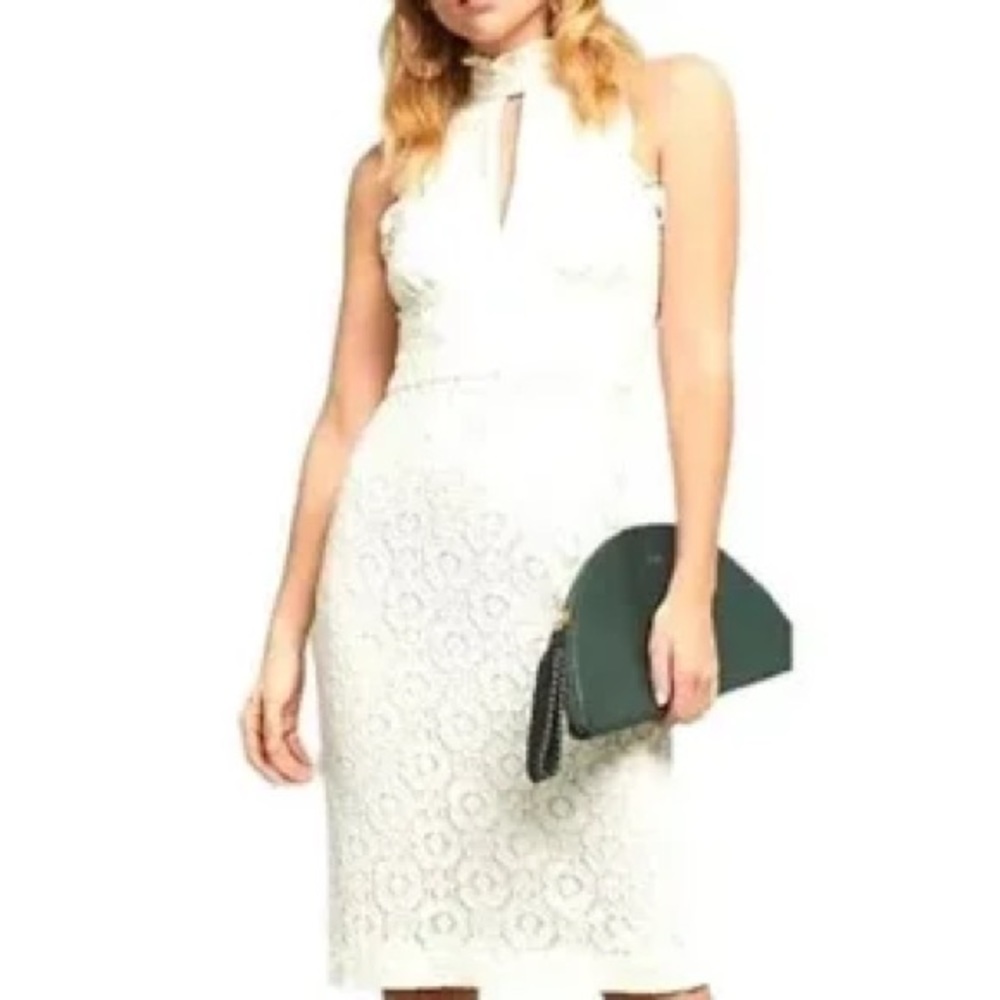 SHOSHANNA SLEEVELESS CREAM LACE MIDI SHEATH DRESS
